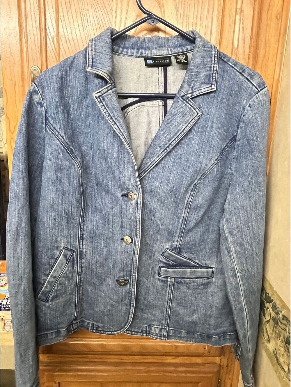 Slow Fashion Relativity denim jacket womens M Fitted Brass buttons dress collar